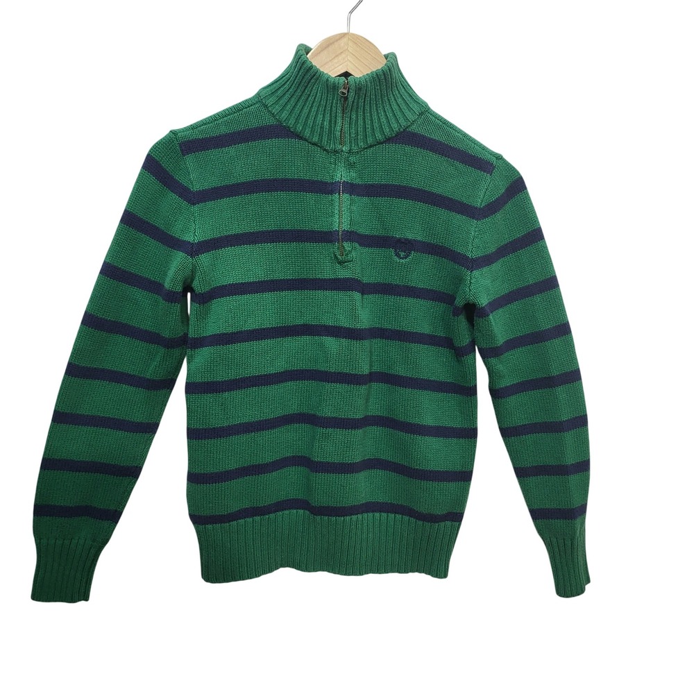 Chaps Green Navy Stripe Quarter Zip Sweater Kids L 14-16 Cotton Mock Pullover‎